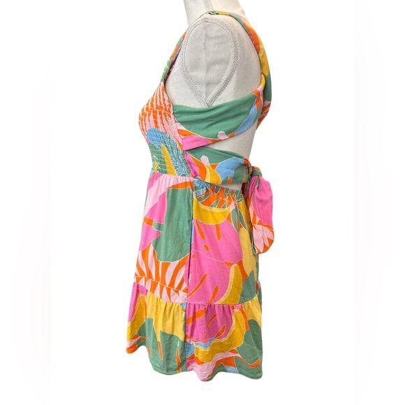 Show Me Your Mumu Tropical Smocked Criss Cross Back Mini Dress M - Picture 3 of 8